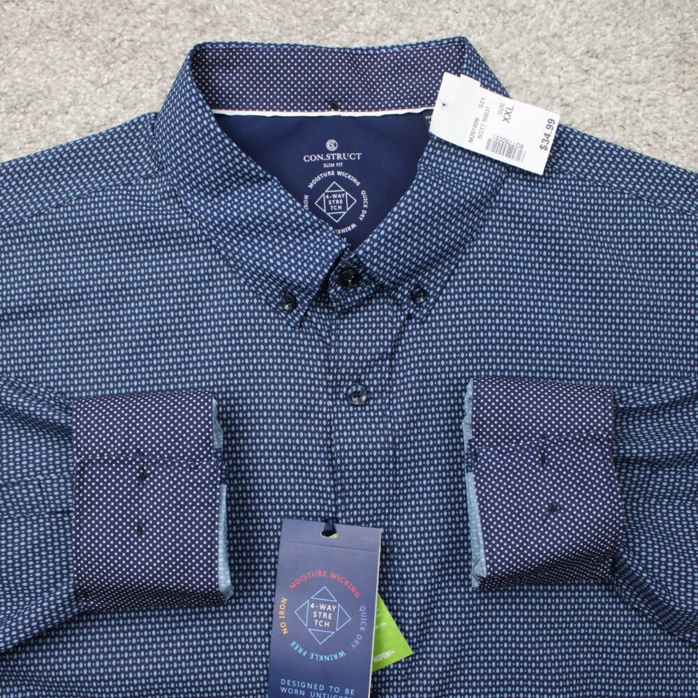 Construct Shirt NWT Mens 2XL XXL Blue Geometric 4 Way Stretch‎ Wrinkle Free L/S